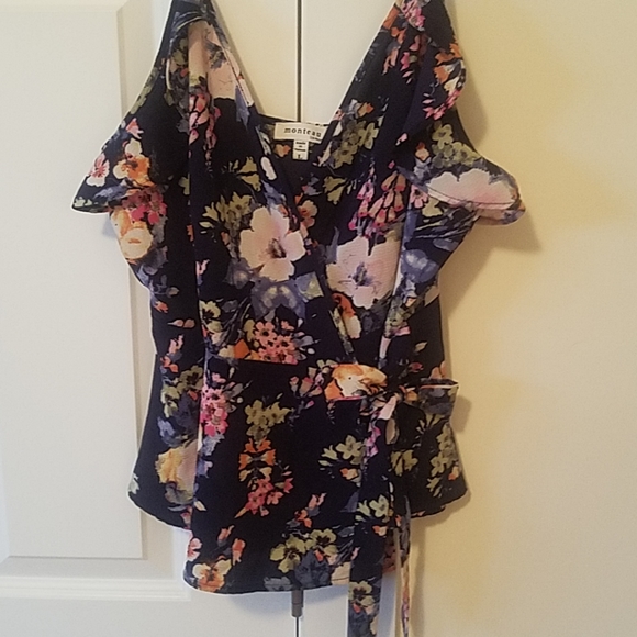 Multi colored floral wrap blouse size L - Picture 2 of 6